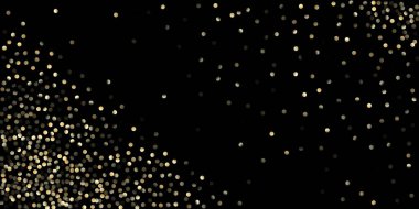 Siyah üzerine Altın Konfeti Duşu. Zengin Altın, Gümüş Folyo Kış Konfeti. Parlak Yeni Yıl Kutlama Arkaplanı. Altın Sequinler, Düşen Xmas Yıldızları. Altın Çekirdekler, Düşen Yıldızlar
