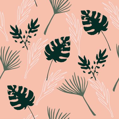 Trend Tropikal Vektör Kusursuz Düzen. Şık Yaz Kumaşları. Karahindiba Canavarı Muz Tüysüz Tüysüz Şablon Yaprakları. Güzel Erkek Gömlekli Kadın Elbisesi dokusu. Doodle Çiçek Arkaplanı.