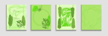 Soyut Asya Vektör Sancakları Ayarlandı. Yumuşak, Zarif Davet Tasarımı. El Çizimi Minimum Arkaplan. Geometrik çerçeve dokusu. Oriental stilde boyanmış çizgi şekilleri. Tie-Dye, Tropikal Yaprak Kartları