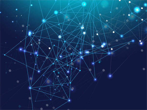 Голубое технологическое пространство, интернет-пространство данных. Векторный фон. Galaxy Net Science Design, Digital Network Web Информация о больших данных, многоугольные треугольные узлы.
