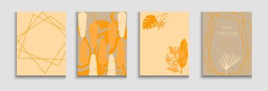 Soyut Asya Vektör Kapakları Ayarlandı. El Çizimi Minimum Arkaplan. Yumuşak, Zarif Davet Tasarımı. Tie-Dye, Tropikal Yapraklar Flyers Oriental Style ile Boyalı Çizgiler. Geometrik Çerçeve Dokusu.