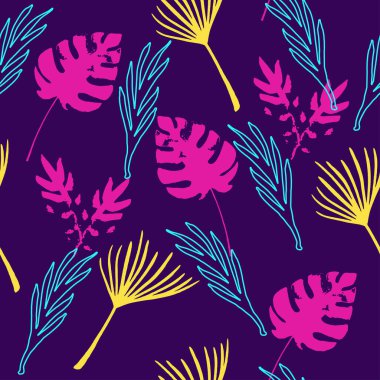 Modern Tropikal Vektör Kusursuz Düzen. Şık Yaz Kumaşları. Doodle Çiçek Geçmişi. Monstera Karahindiba Muz Tüysüz Tropikal Şablon Yaprakları. Zarif Erkek Gömlekli Kadın Elbisesi.