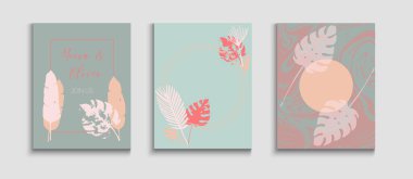 Soyut Moda Vektör Uçucuları Ayarlandı. Soylu Muz Davetiye Tasarımı. Tie-Dye, Tropikal Yaprak Sancakları. Geometrik çerçeve dokusu. El Çizimi Zarif Arkaplan. Japon Biçimli Davet.