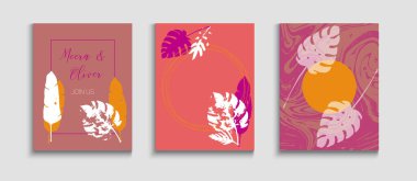 Soyut Zarif Vektör Posterleri Ayarlandı. Geometrik çerçeve dokusu. Japon stili davetiye. Tie-Dye, Tropikal Yaprak Sancakları. El Çizimi Hippi Geçmişi. Basit Canavar Dergisinden Ayrıldı.