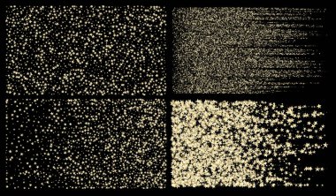 Rich Gold, Silver Glitter, Sparkles, Gradient Stars Confetti. Köpüklü Kış Sınırı. Altın, Gümüş VIP Uçan Yıldızlar Konfeti. Görkemli Yeni Yıl Dekorasyonu Vektör Arkaplanı.