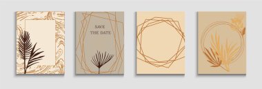 Soyut Moda Vektör Sancakları Ayarlandı. Tie-Dye, Tropikal Yaprak Kartları. El Çizimi Zarif Arkaplan. Japon stili davetiye. Geometrik Sınır Deseni. Cool Olive Leaves Dergi Düzeni.