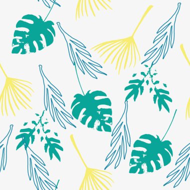 Süper Tropikal Vektör Kusursuz Düzen. Güzel Erkek Gömlekli Kadın Elbisesi dokusu. Şık Yaz Tekstili. Çiçek Özgeçmişi 'ni çiz. Monstera Muz Karahindiba Tüylü Tropikal Kusursuz Kalıp Bırakıyor.