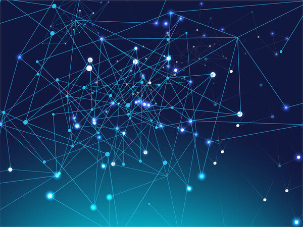 Большая информация, Треугольные узлы блокчейна. "Galaxy Net Futuristic Design, Universe Star Sky". Голубое технологическое пространство, интернет-пространство данных. Плексусные узлы Векторный фон.