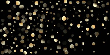 Siyah üzerine Altın Konfeti Duşu. Altın halkalar, Düşen Noel Bokeh 'i. Zarif bir Noel Kutlaması Arkaplanı. VIP Gold, Gümüş Bokeh Kış Konfeti. Altın halkalar, Noel Bokeh 'i