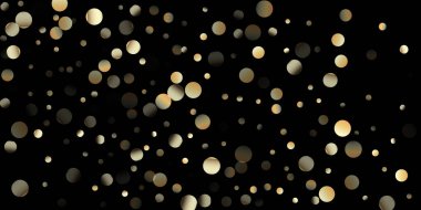 Siyah üzerine Altın Konfeti Duşu. Lüks Noel Kutlama Arkaplanı. Altın Yağ Baloncukları, Omega 3 Vitaminleri. Zengin Altın, Gümüş Parıltı Kış Konfeti. Altın Omega 3 Yağ Baloncukları