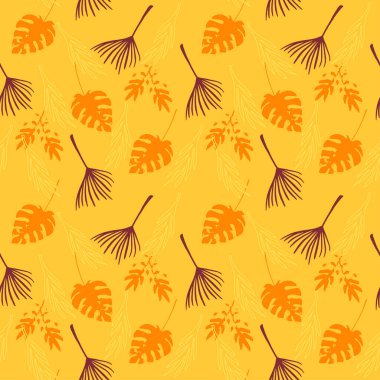 Trend Tropikal Vektör Kusursuz Düzen. Zarif Erkek Gömlekli Kadın Elbisesi dokusu. Tüylü Muz Yaprakları Canavarımsı Karahindiba Tropikal Kusursuz Desen. Güzel Yaz Tekstili. Çiz Çiçek Arkaplanı.