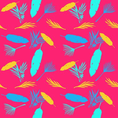 Modern Tropikal Vektör Kusursuz Düzen. Zarif Erkek Gömlekli Kadın Elbisesi dokusu. Tüylü Muz Yaprakları Canavarımsı Karahindiba Tropikal Kusursuz Desen. Şık Yaz Tekstili. Doodle Çiçek Arkaplanı.