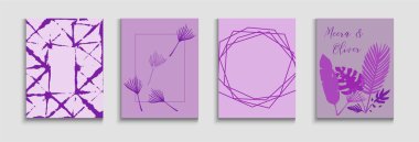 Soyut Asya Vektör Kapakları Ayarlandı. Oriental stilde boyanmış çizgi şekilleri. Geometrik çerçeve dokusu. Tie-Dye, Tropikal Leaves Flyers Soft, Zarif Dergi Düzeni. El Çizimi Minimum Arkaplan.