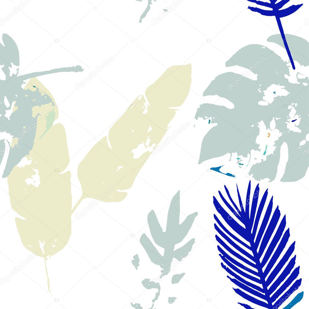 Palm, Banana Leaves Vector Seamless Pattern, Blue, White, Yellow Exotic Floral Print. Botanical Jungle Leaves Summer Fabric. Childrens Hipster Background. Exotic Floral Seamless Design
