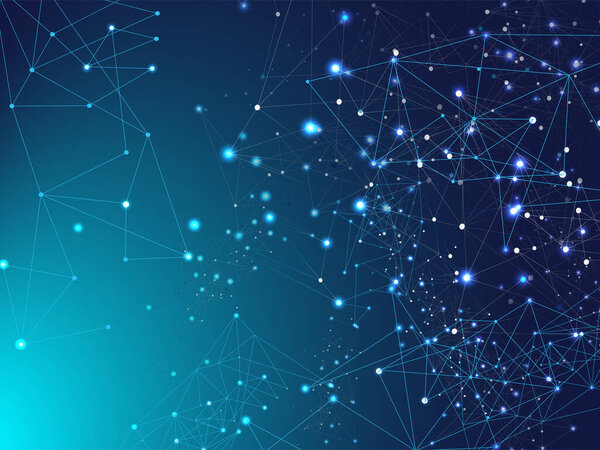 Blue Technology Space, Internet Cyberspace Data Concept. Galaxy Net Futuristic Design, Network Connection. Plexus Linked Lines Vector Background. Big Data Information, Triangular Network Nodes.