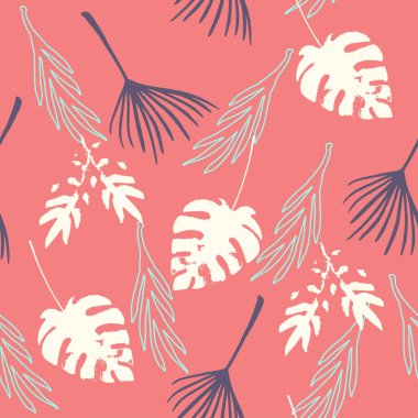 Hipster Tropikal Vektör Kusursuz Düzen. Çiçek Özgeçmişi 'ni çiz. Güzel yaz modası. Zarif Erkek Gömlekli Kadın Elbisesi dokusu. Canavar Muzu Tüylü Karahindiba Yaprakları Tropikal Kusursuz Desen.