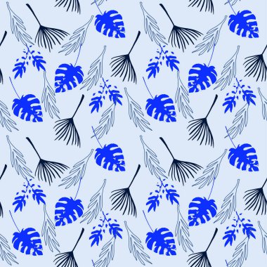 Hipster Tropikal Vektör Kusursuz Düzen. Güzel Yaz Kumaşları. Zarif Erkek Gömlekli Kadın Elbisesi dokusu. Karahindiba Canavarı Tüylü Muz Tropikal Kusursuz Şekil Yapıyor. Doodle Çiçek Arkaplanı.