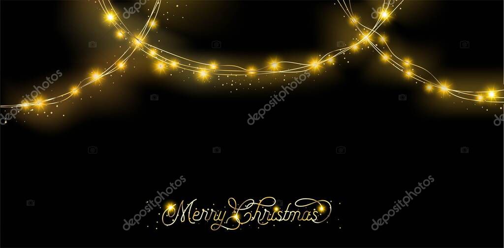 Lights Garland Glamour Decoration. Gold, Silver Winter Holidays Sparkling Garland. Lights Garland, Glitter Border.