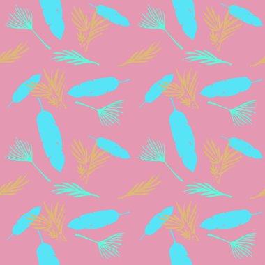 Trend Tropikal Vektör Kusursuz Düzen. Güzel yaz kumaşları. Monstera Banana Yaprakları Tüylü Karahindiba Tropikal Kusursuz Desen. Güzel Erkek Gömlekli Kadın Elbisesi dokusu. Boyalı Çiçek Arkaplanı.