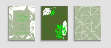 Soyut Asya Vektör Kapakları Ayarlandı. El Çizimi Moda Arkaplanı. Tie-Dye, Tropikal Yaprak Uçurucular. Noble Banana Leaves Dergisi Tasarımı. Geometrik Sınır Deseni. Japon Biçimli Davet.