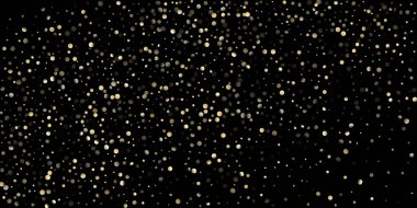 Siyah üzerine Altın Konfeti Duşu. Pahalı bir yeni yıl kutlama şablonu. Altın halkalar, Düşen Noel Bokeh 'i. Zengin Altın, Gümüş Folyo Kış Konfeti. Altın halkalar, Noel Bokeh 'i