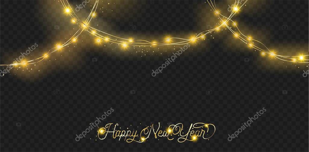 Lights Garland Rich VIP Decoration. Beautiful Happy New Year Lettering. Golden, Silver Lights Garland, Glitter Pattern. Winter Holidays Sparkling Garland. Elegant New Year, Christmas Party Texture.