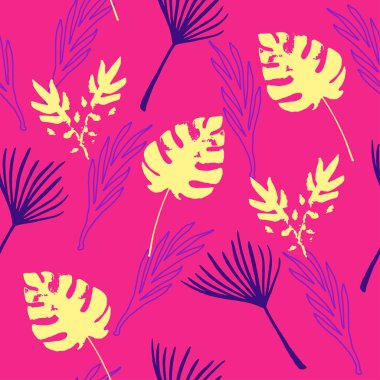 Modern Tropikal Vektör Kusursuz Düzen. Boyalı Çiçek Arkaplanı. Karahindiba Canavarı Tüylü Muz Tropikal Kusursuz Şekil Yapıyor. Güzel yaz modası. Zarif Erkek Gömlekli Kadın Elbisesi.