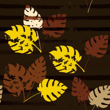 Sailor Stripes Vektör Kalıbı, Kahverengi Sarı Toprak Tonu Egzotik Kumaşı. Fırçalanmış Orman Yaprakları Sonbahar Kumaşı. Kadın Moda Arkaplanı. Tropik Çiçeksiz Kumaş