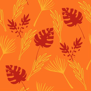 Trend Tropikal Vektör Kusursuz Düzen. Boyalı Çiçek Arkaplanı. Karahindiba Tüyü Muz Canavarı Yaprakları Tropikal Kusursuz Desen. Güzel Erkek Gömlekli Kadın Elbisesi dokusu. Serin Yaz Tekstili.