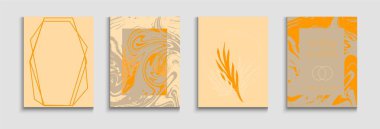 Soyut Asya Vektör Kartları Ayarlandı. Yumuşak, Zarif Davet Şablonu. Geometrik çerçeve dokusu. Oriental Style ile Boyalı Çizgiler. Tie-Dye, Tropikal Yapraklar Flyers 'ın El Kaplama Minimum Arkaplanı.