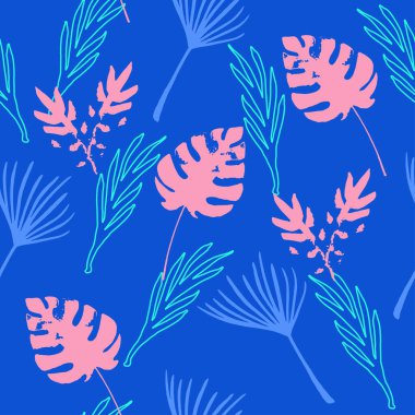 Modern Tropikal Vektör Kusursuz Düzen. Güzel Erkek Gömlekli Kadın Elbisesi dokusu. Muz Yaprakları Karahindiba Tüyü Canavarı Tropikal Kusursuz Desen. Şık Yaz Moda. Doodle Çiçek Arkaplanı.