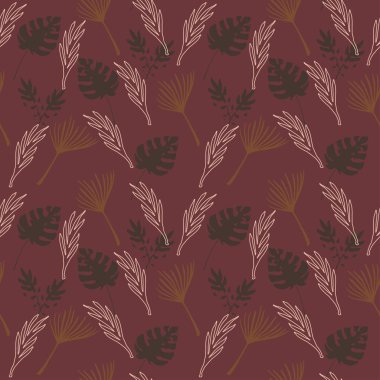 Modern Tropikal Vektör Kusursuz Düzen. Güzel Erkek Gömlekli Kadın Elbisesi dokusu. Karahindiba Tüyü Muz Canavarı Yaprakları Tropikal Kusursuz Desen. Çiçek Özgeçmişi 'ni çiz. Şık Yaz Moda.