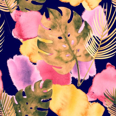 Tropik suluboya desensiz, botanik kumaş tasarımı. Bohem Egzotik Canavar Tekstil Tasarımı. Kış, Yaz Vintage Moda Baskıları, Eklektik Boyalı Çiçek deseni. Canavar dokusu