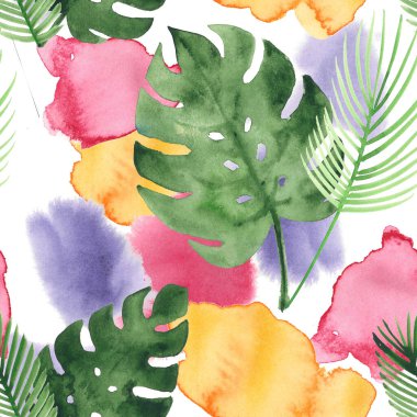 Tropik suluboya desensiz, botanik moda tasarımı. Bohem Moda Egzotik Tekstil Tasarımı. Kış veya Yaz Vintage Moda Baskıları, Eklektik Grunge Çiçek Şablonu. Çizim Ormanı Yaprağı