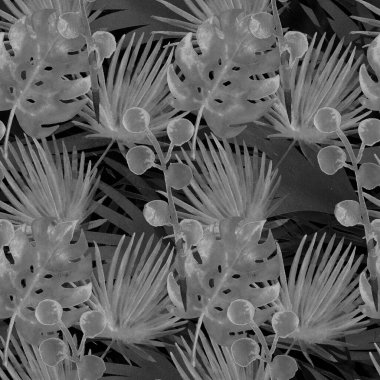 Zarif Turkuaz Gri Vintage Egzotik Çiçekli Suluboya Şablonu. Zarif Boho Kadın Kumaş Arkaplanı, Canavar, Fan Yaprakları. Solmuş Gri Egzotik Çiçek Renkli Kusursuz Desen Tasarımı.