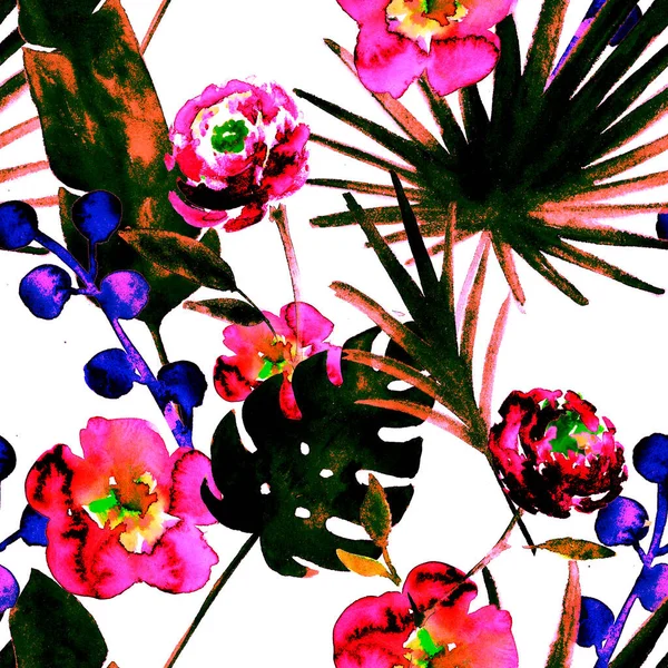 Muz Fan Yaprakları Güller Sulu Renkli Çiçeksiz Tasarım Moda Kumaş — Stok fotoğraf