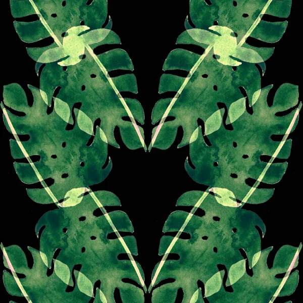 Monstera的叶子芬芳的热带水彩画无缝制夏季图案 异国情调的植物学博豪时装面料设计 波希米亚风车手绘素描热带夏季花纹树的设计 — 图库照片