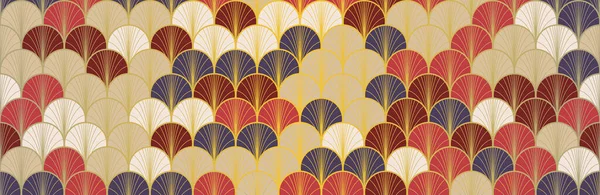 Japanese Fan Golden Seamless Pattern. Geometric Bohemian Asian Wave Pattern. Rich VIP Japanese Clothes Print. Elegant Kimono Fabric. Retro Gold Chinese Seamless Pattern. Boho Shape Shell Design