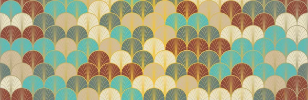Japanese Fan Golden Seamless Pattern. Geometric Bohemian Asian Wave Pattern. Bohemian Kimono Textile. Luxurious Japanese Clothes Texture. Vintage Gold Chinese Seamless Pattern. Geo Arc Shell Print