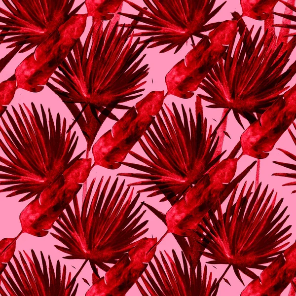 采购产品现代的冷香蕉 扇叶纹理 无缝热带水彩图案 植物复古纺织品设计夏威夷夏季背景 手绘树叶 植物热带水彩画图案 — 图库照片