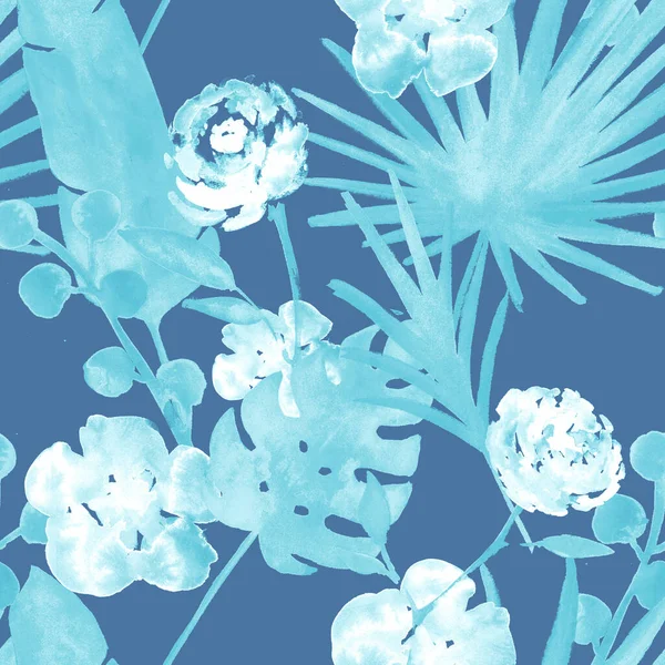 Elegant Turquoise Blue Vintage Exotic Floral Watercolour Seamless Pattern. Luxury Female Fabric Background with Banana, Fan Leaves, Roses. Faded Blue Exotic Floral Watercolour Seamless Pattern Design.