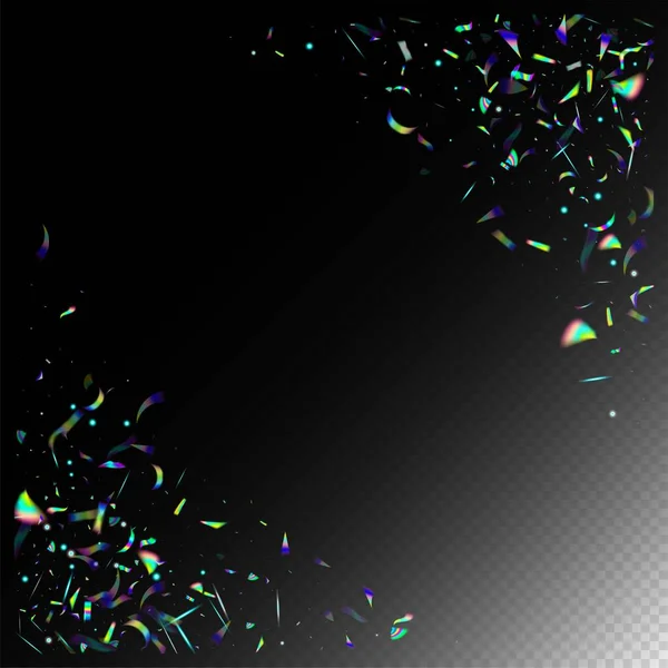 レインボー ティンセル グラデーションオーバーレイネオン箔ティンセル 緑のお祝いの背景 ホログリッチ効果レインボーティンセル 銀透明落下粒子 フライング ホログラフ コンフェッティ — ストックベクタ
