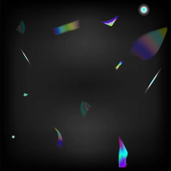 銀透明落下粒子 ホログラム効果レインボーライト フライング ホログラム コンフェッティ レインボー ティンセル グラデーションオーバーレイネオン箔ティンセル 青紫緑のお祝いの背景 — ストックベクタ