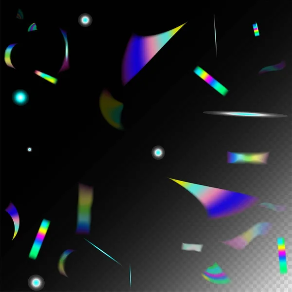 Gold Transparent Falling Particles Rainbow Tinsel Flying Hologram Confetti Gradient — Vector de stock