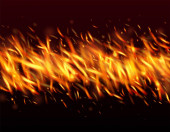Hořící plamen ohnivé jiskry pozadí. Realistický Fire Image na černou. Jasná noc, Zlaté hvězdy. Záblesky rozpálených vloček. Realistická energetická záře. Izolovaný oheň, Červené oranžové jiskry, Kouř.