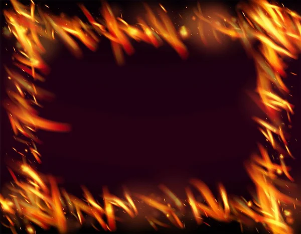 炎の火が背景に輝きます 明るい夜 グリッターゴールド ホット ブレイジング グロー フラッシュ ブラックに対する現実的な火災効果 孤立した火災 黄色のオレンジ赤火花 — ストックベクタ