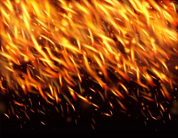 Сжигание Пламени Огненные Искры Фон Светлая Ночь Блестящее Золото Реалистичный — стоковый вектор