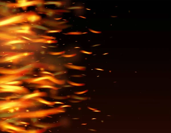 炎の火が背景に火花を消す 明るい夜 星の金 現実的なエネルギーグロー ブラックに対する現実的な火災効果 ホット バーニング フレーク 孤立した火 赤オレンジ黄色の輝き — ストックベクタ