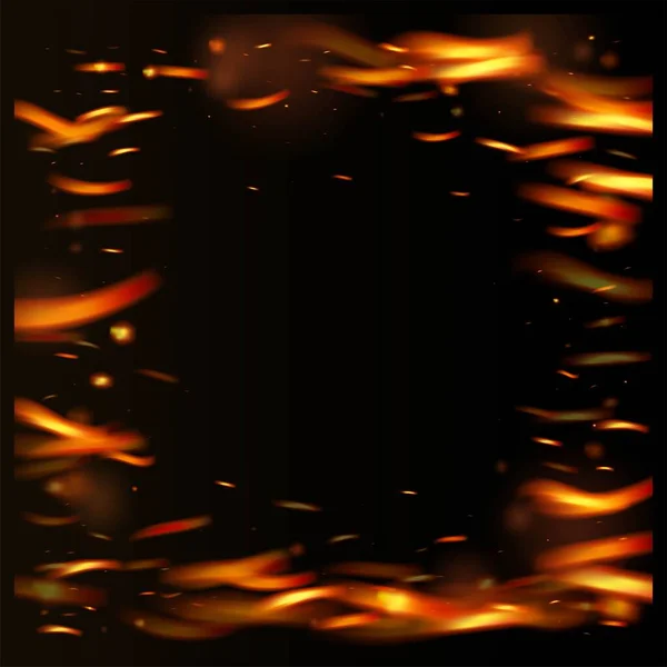 炎の火が背景に輝きます ブラックに対する現実的な火災効果 ホットバーニンググローフラッシュ 明るい夜 ゴールドグリッター 現実的なエネルギーグロー 孤立した火 オレンジイエローレッドスパーク — ストックベクタ
