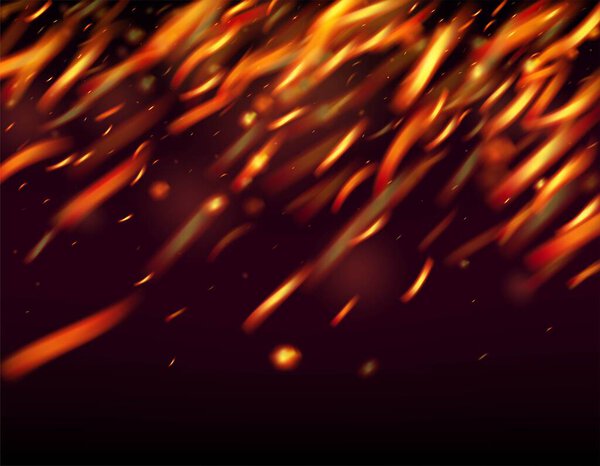 Сжигание пламени огненные искры фон. Реалистичный пожарный эффект на чёрное. Светлая ночь, звездный блеск. Горячие вспышки золота. Блеск Реалистической Энергии. Изолированный огонь, красно-желтые оранжевые искры, дым.